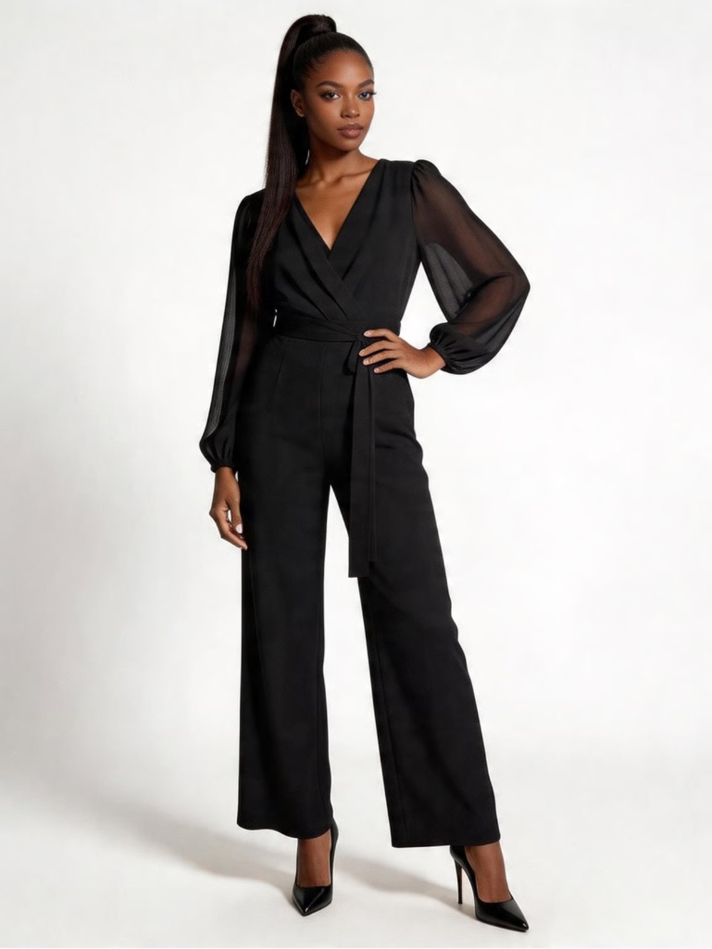 WINDSOR | Black Sheer Long-Sleeve Spliced Neck Jumpsuit Sz L